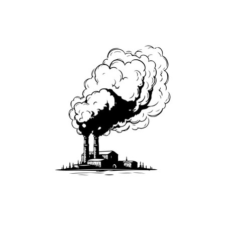 A stark illustration of an industrial plant releasing plumes of smoke into the air. Emphasizes the serious environmental concerns and pollution problems.のイラスト素材