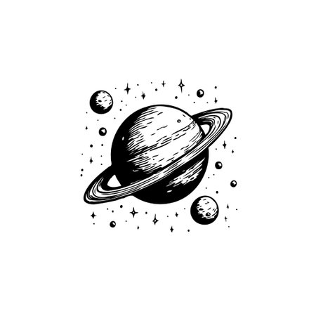 Elegant hand-drawn illustration of Saturn with its rings, surrounded by a starry expanse. A classic and timeless cosmic image.のイラスト素材