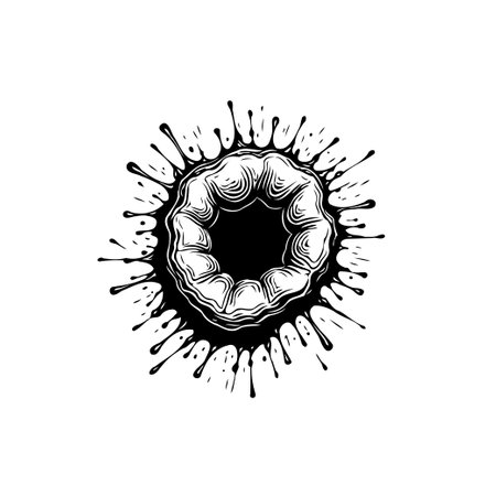 This striking image presents an abstract monochrome representation of a donut shape exploding with ink or paint splatters in a vector drawing format.のイラスト素材