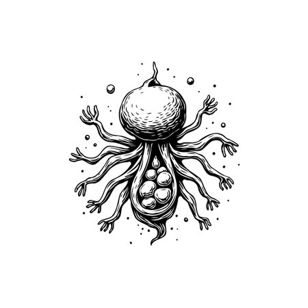 Unique black and white illustration of an abstract creature. Perfect for graphic designs, tattoos, or creative projects seeking a touch of the bizarre.のイラスト素材
