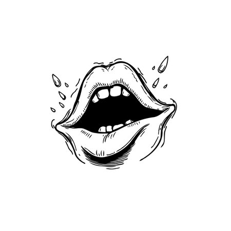 Detailed ink drawing of an open mouth showing teeth and fluid droplets, perfect for illustrations or designs focusing on expression and style.のイラスト素材