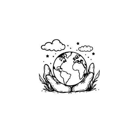 Illustrative artwork of hands cradling a globe, symbolizing environmental care and global sustainability, surrounded by clouds and stars.のイラスト素材