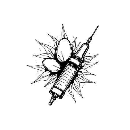Monochrome illustration featuring a syringe filled with medication, surrounded by almonds and delicate petals, perfect for medical, health, or botanical themes.のイラスト素材
