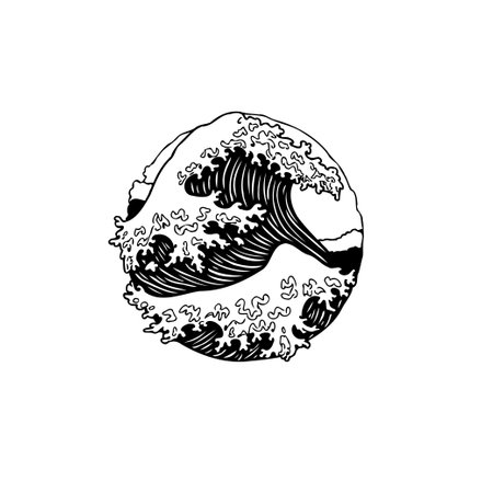 A monochrome illustration of a wave crest enclosed in a circular frame. Represents the power of the ocean with stylized, graphic design elements. Suitable for nautical or artistic themes.のイラスト素材