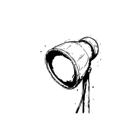 A monochrome illustration depicts a vintage studio light. The image is a textured sketch in black and white, and capturing the retro aesthetic of old photographic equipment.のイラスト素材