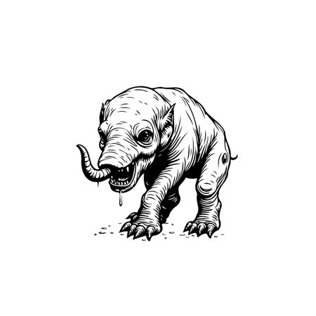 A sketch of a fantasy creature with big eyes and drooling fangs. Vector illustration of the eerie monster with a monochrome style, isolated on a white background.のイラスト素材