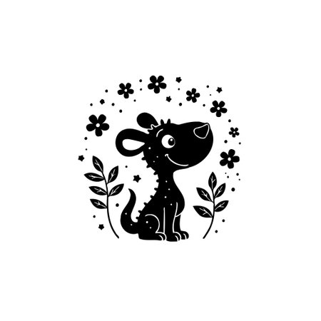 A charming black and white illustration features a cartoon puppy surrounded by flowers and leaves. The design is simple, cute, and perfect for children's books or prints.のイラスト素材
