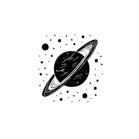 A minimalist black and white illustration features Saturn with its prominent rings, surrounded by a scattered star field, capturing a celestial, cosmic essence.のイラスト素材