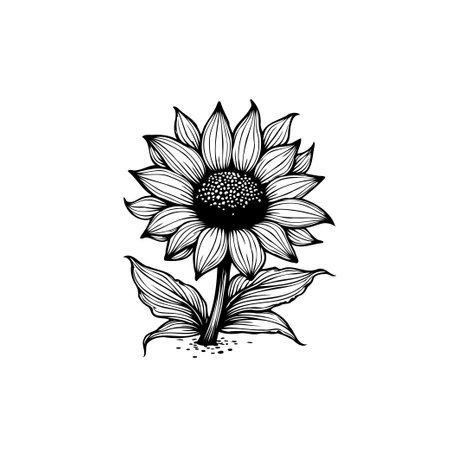 A beautifully detailed black and white illustration of a sunflower. Features intricate line work and shading, perfect for various creative projects.のイラスト素材