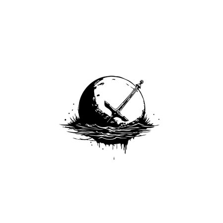 A monochromatic illustration depicting a sword impaling a moon, set amidst a serene water landscape. Symbolizing strength, courage, and the mystical merge of earthly and celestial elements.のイラスト素材