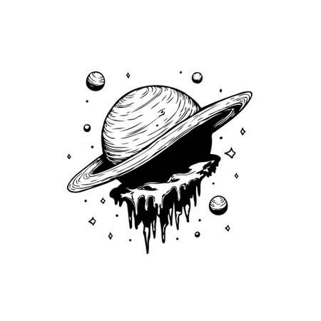 Abstract illustration of a melting planet with falling liquid in space. Minimalist black and white drawing suitable for posters, tattoos or apparel.のイラスト素材