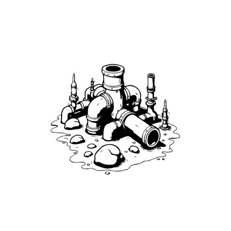 A monochrome illustration features interconnected pipes and cylinders. The design is clean and minimalist, suitable for industrial or engineering contexts.のイラスト素材