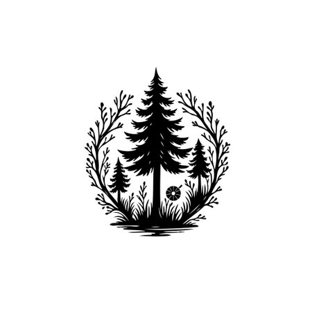 A monochrome illustration captures the serene beauty of a forest with tall trees and intricate foliage, creating a peaceful and enchanting atmosphere.のイラスト素材