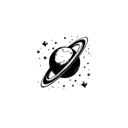 A minimalist black and white illustration of Saturn with its iconic rings and a surrounding starfield. Ideal for astronomy enthusiasts and space-themed designs.のイラスト素材