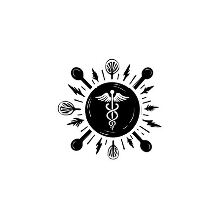 An impactful illustration combining the caduceus medical symbol with viral elements, representing the ongoing challenges and solutions in healthcare.のイラスト素材