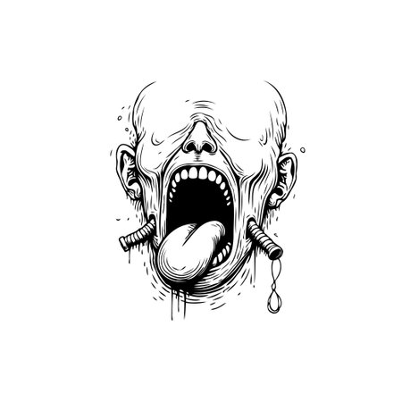 This unsettling illustration depicts a distorted human face, expressing intense inner turmoil and psychological distress. The grotesque details and macabre elements evoke a sense of horror and existential dread.のイラスト素材