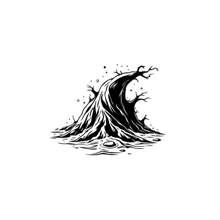 A monochrome vector illustration depicts a mystical tree silhouette with gnarled branches, creating a spooky and unique visual element.のイラスト素材