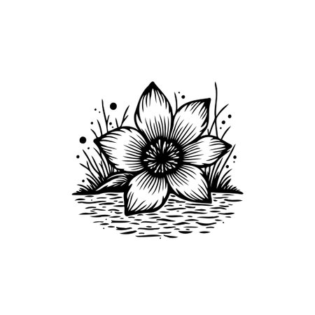 This detailed monochrome illustration features a blossoming flower. The delicate petals, intricate details, and artistic design create a vintage and elegant botanical illustration.のイラスト素材