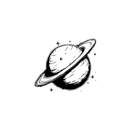 A hand-drawn illustration of Saturn with its iconic rings, surrounded by stars, rendered in black and white, showcasing a cosmic and dreamy scene.のイラスト素材