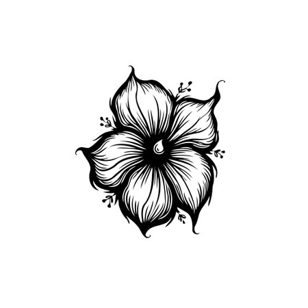 This black and white illustration features a stylized flower with detailed lines. The minimalist design makes it versatile for various creative projects.のイラスト素材