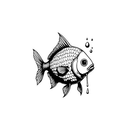 A captivating black and white drawing of a fish, showcasing intricate details in a minimalist style, perfect for illustrations or designs.のイラスト素材