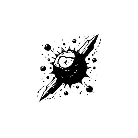 An abstract black and white illustration of a spiky ball with a dagger piercing through it, creating a bold and artistic design.のイラスト素材