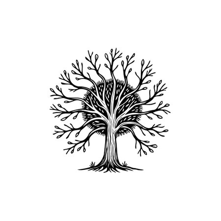 An elegant, detailed black and white tree illustration. Ideal for nature-themed designs, logos, or artistic projects. Vector graphic design.のイラスト素材