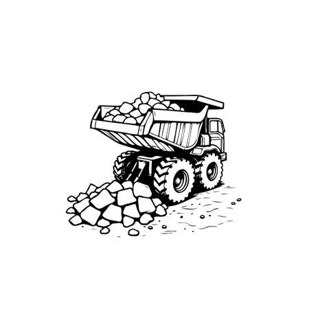 A black and white line art illustration depicts a dump truck filled with rocks, suitable for construction or transportation themesのイラスト素材
