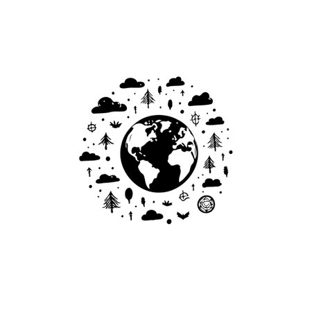 Minimalist vector illustration of planet Earth surrounded by trees and clouds. A simple and clean design suitable for environmental and travel themes.のイラスト素材