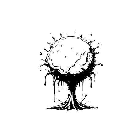 Monochrome illustration depicting a sphere with liquid dripping down, forming an abstract and visually intriguing shape, creating a unique design.のイラスト素材