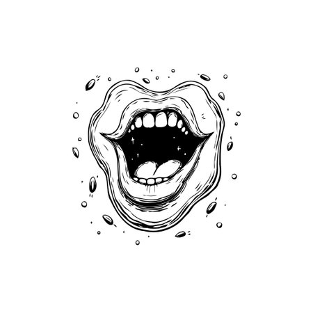 A surreal illustration featuring an open mouth with a galaxy inside, depicted in detailed black and white line art. This unique and expressive design conveys a sense of cosmic wonder and mystery.のイラスト素材