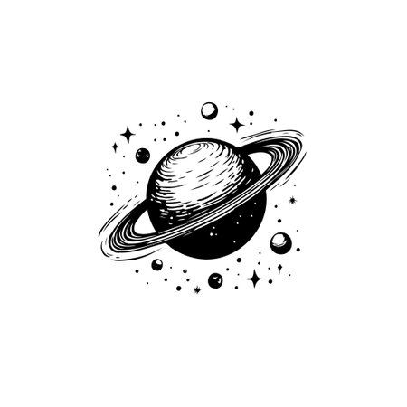 Detailed black and white illustration of Saturn with its rings, surrounded by stars. The drawing is vintage and evokes a sense of space and mystery.のイラスト素材