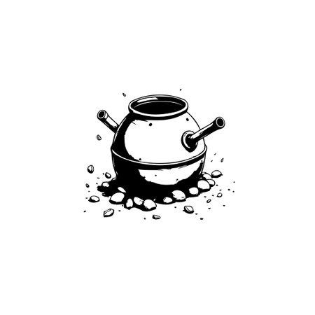 A simple black and white illustration of a vintage cooking pot resting on stones, evoking a sense of traditional cuisine and rustic charm.のイラスト素材