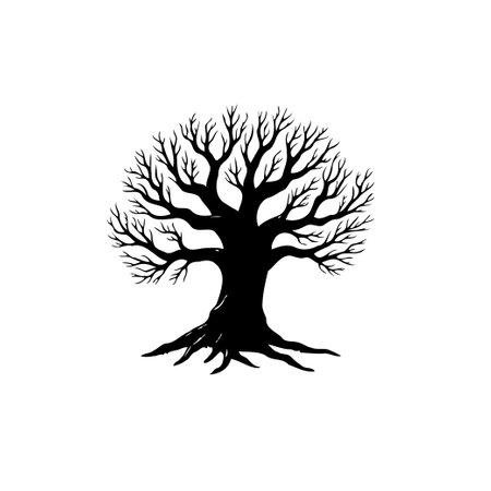 A minimalist black silhouette of a bare tree with intricate branches and roots, isolated on a white background. A simple artistic element for various design needs.のイラスト素材