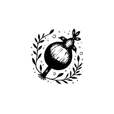 A black and white botanical illustration featuring a pomegranate surrounded by decorative leaves. The artwork has an elegant and organic feel, perfect for nature-inspired designs.のイラスト素材