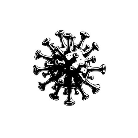 A detailed black and white illustration shows a coronavirus cell. It conveys the urgency and dangers during a pandemic.のイラスト素材