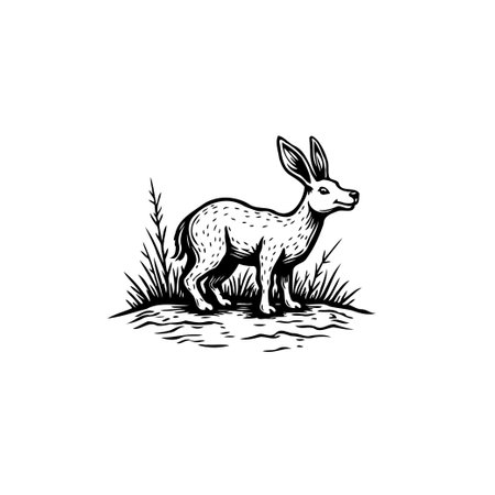 An engraving style illustration features a fantastical animal, a hybrid with rabbit ears and the body of a deer, standing on grass.のイラスト素材