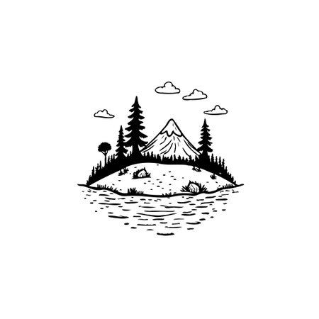 A monochrome illustration showcases a serene island landscape with a prominent mountain, lush forest, and tranquil water. It evokes a sense of peaceful escape and natural beauty.のイラスト素材