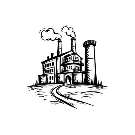 Detailed vintage style illustration of an industrial factory building with smoking chimneys, conveying a sense of industry and power.のイラスト素材