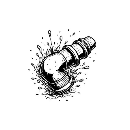 A black and white stylized illustration of a plumbing pipe elbow with water splashes, suggesting a leak or repair in progress.のイラスト素材