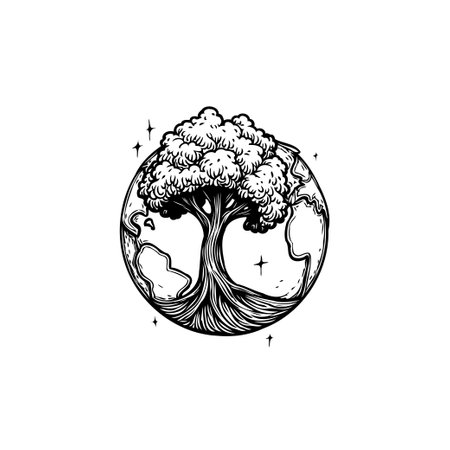 A monochrome illustration symbolizing the Earth, featuring a tree of life emerging from a globe, symbolizing ecology, sustainability, and environmental awareness.のイラスト素材