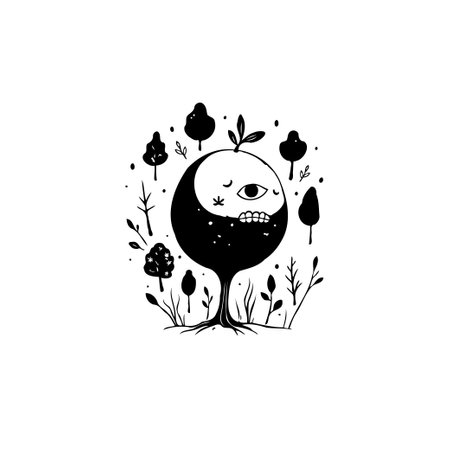 A whimsical monochrome illustration of a tree-like creature in a forest setting, expressing cuteness with a touch of surrealism.のイラスト素材