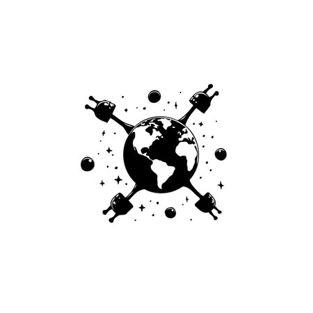 A stylized digital illustration of the Earth globe, with electric plugs extending from it. The image is in black and white against a white background.のイラスト素材