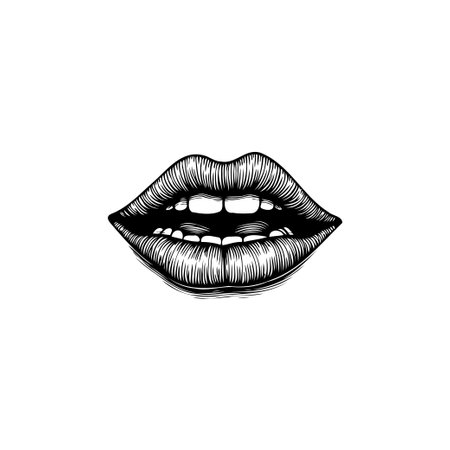 A detailed monochrome drawing of lips shows intricate line art and shading, capturing a sensual and expressive style.  It conveys feminine beauty and artistic flair.のイラスト素材