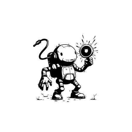 Whimsical black and white cartoon illustration of an astronaut character holding a megaphone, perfect for adding a touch of space age fun to your design.のイラスト素材