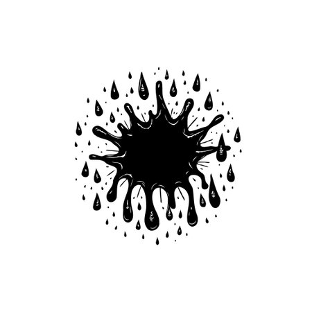 A bold black splash with dripping ink drops creates a captivating textured design, forming a dynamic circle pattern, isolated on a white background.のイラスト素材
