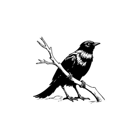 A simple black and white vector illustration of a bird perched on a branch. The design is minimalist, perfect for logos, prints, or artistic projects.のイラスト素材