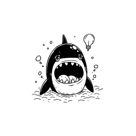 A cute cartoon shark with a big smile and an idea, illustrated in a vector format. Perfect for children's designs and marine themes.のイラスト素材