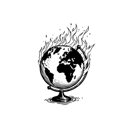 Illustration depicting the Earth globe engulfed in flames, representing the urgent issue of climate change and its devastating impact on our planet.のイラスト素材