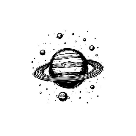 A meticulously hand-drawn vector illustration showcases the beauty of the planet Saturn, adorned with its signature rings, set against the backdrop of space.のイラスト素材